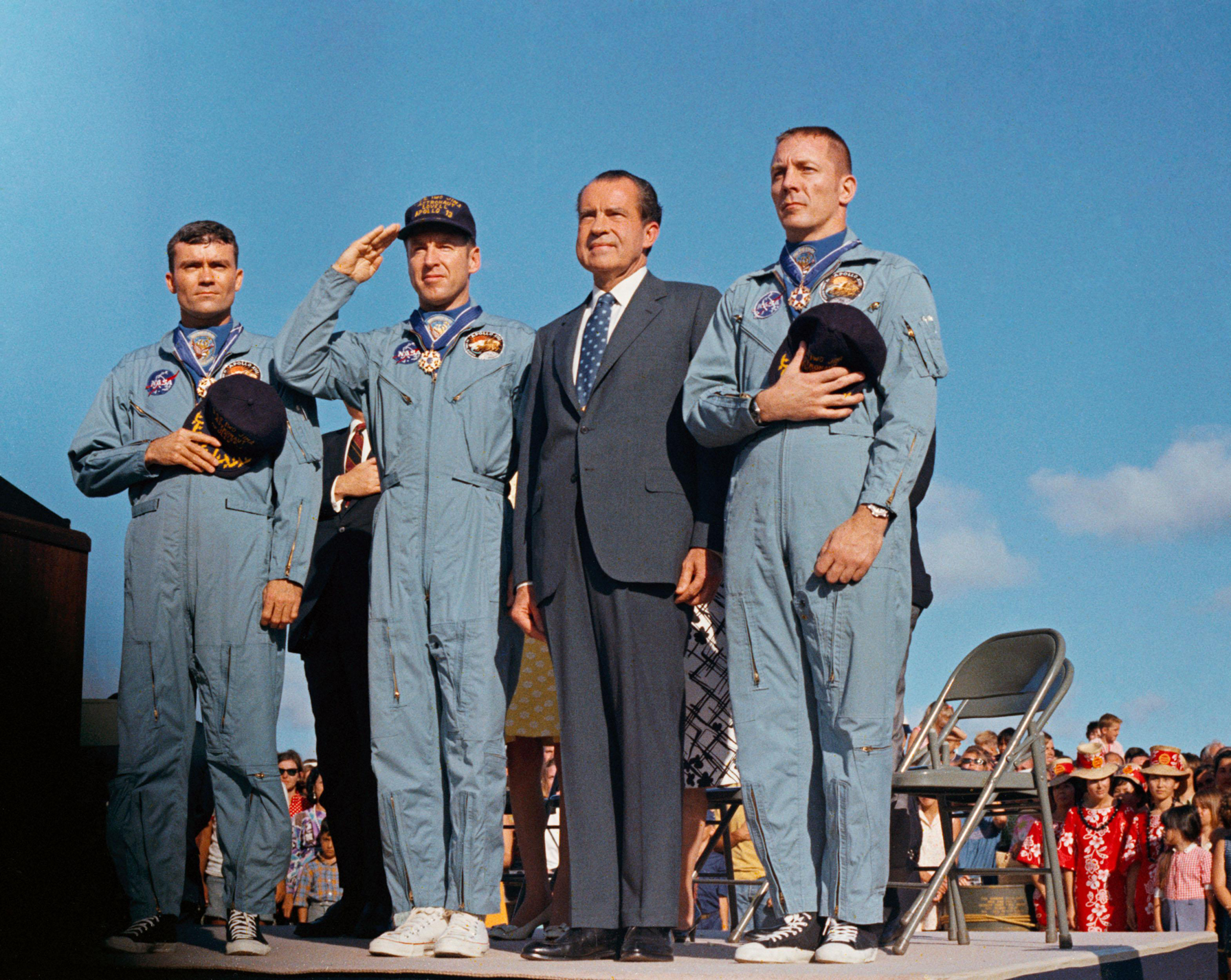US President Nixon and Apollo 13 astronauts.