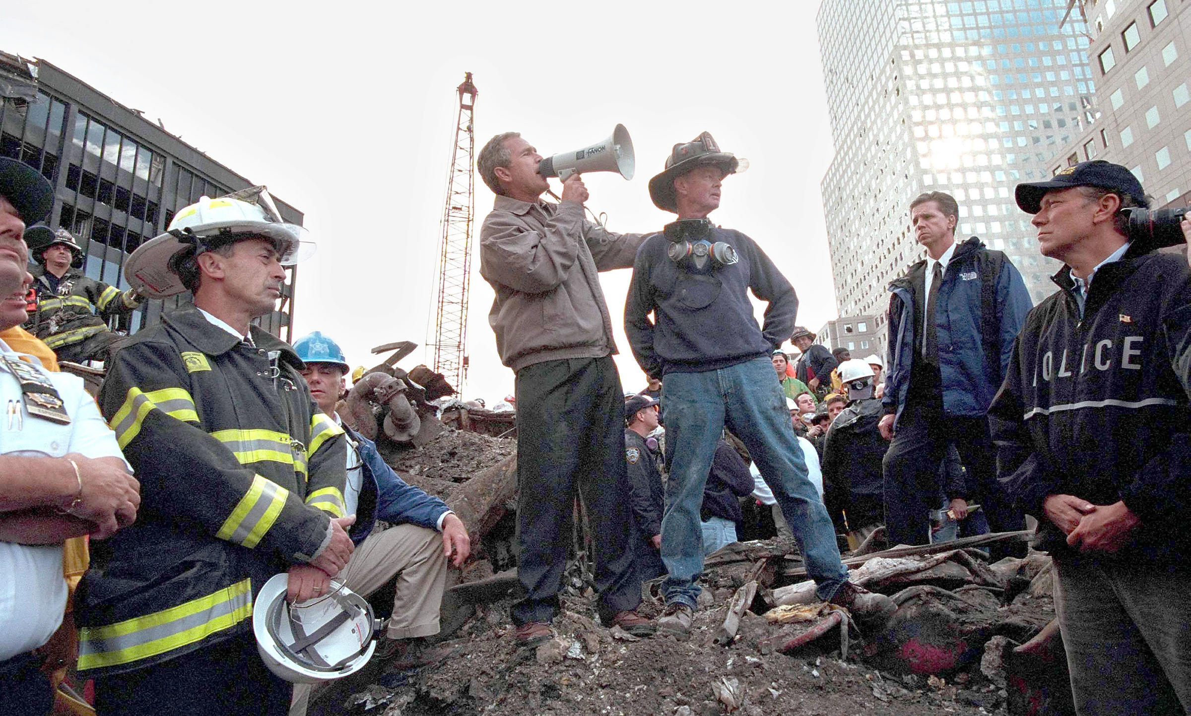 George W. Bush at Ground Zero following 9/11 terrorist attack.